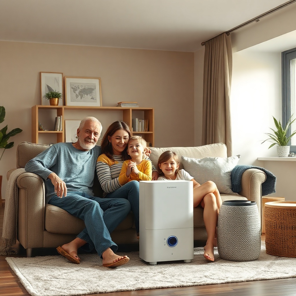 A clean photorealistic photo of a happy family sitting in a living room with an air purifi