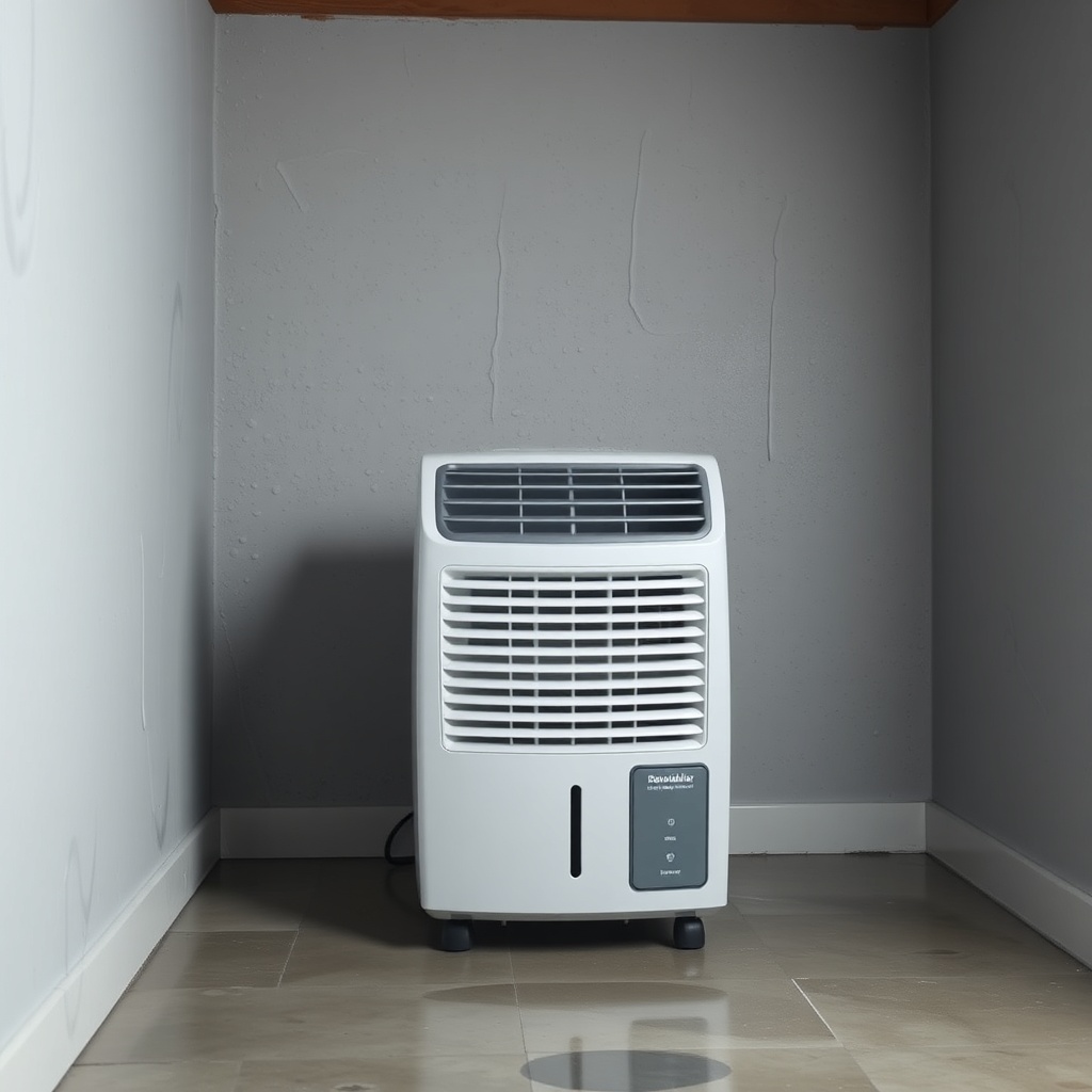 Photorealistic photo of a dehumidifier placed in a damp basement with visible moisture on