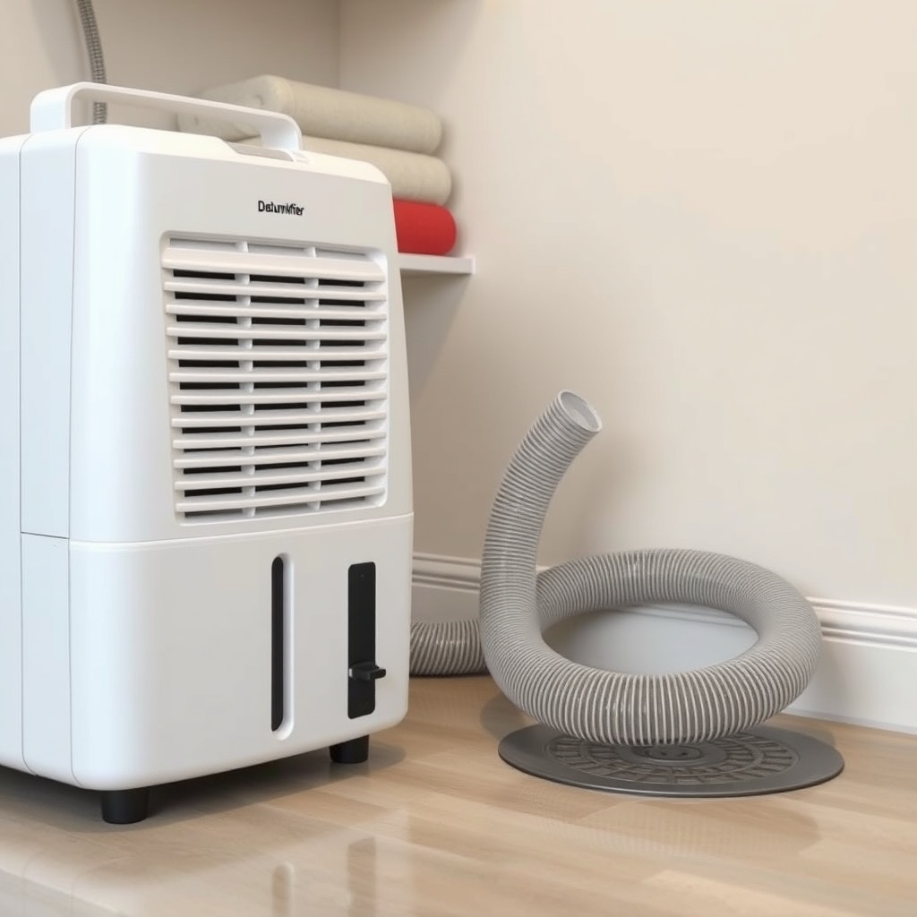 Photorealistic photo showing a dehumidifier with a continuous drain hose connected to a fl