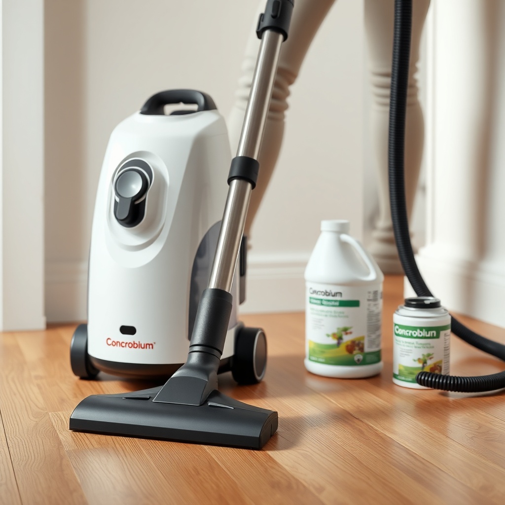 Photorealistic photo of a modern HEPA vacuum cleaner being used on a wooden floor after Co