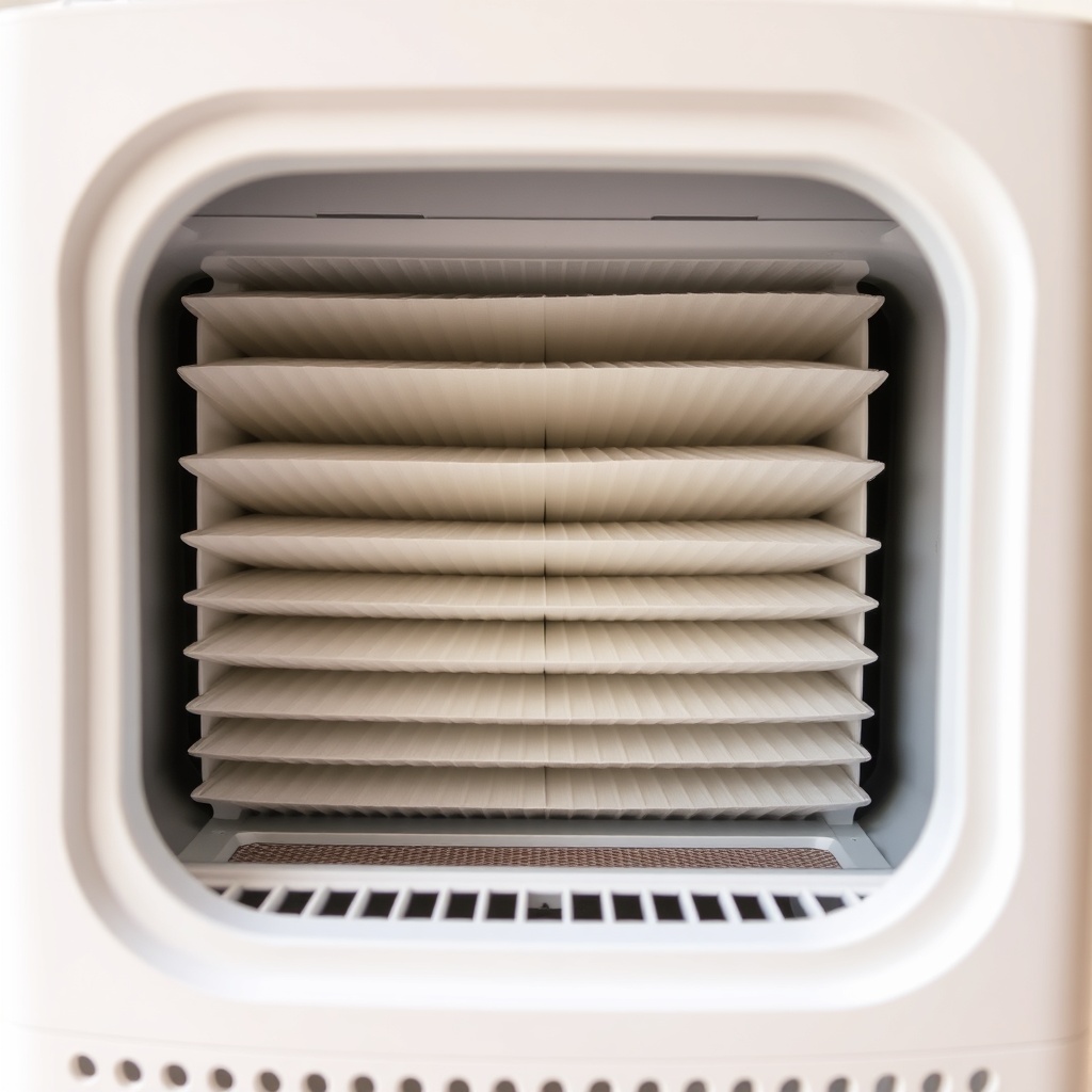 A close-up of a white air purifier's filter compartment