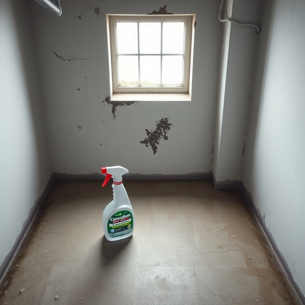 A photorealistic overhead shot of a damp basement corner with a plastic spray bottle of Co
