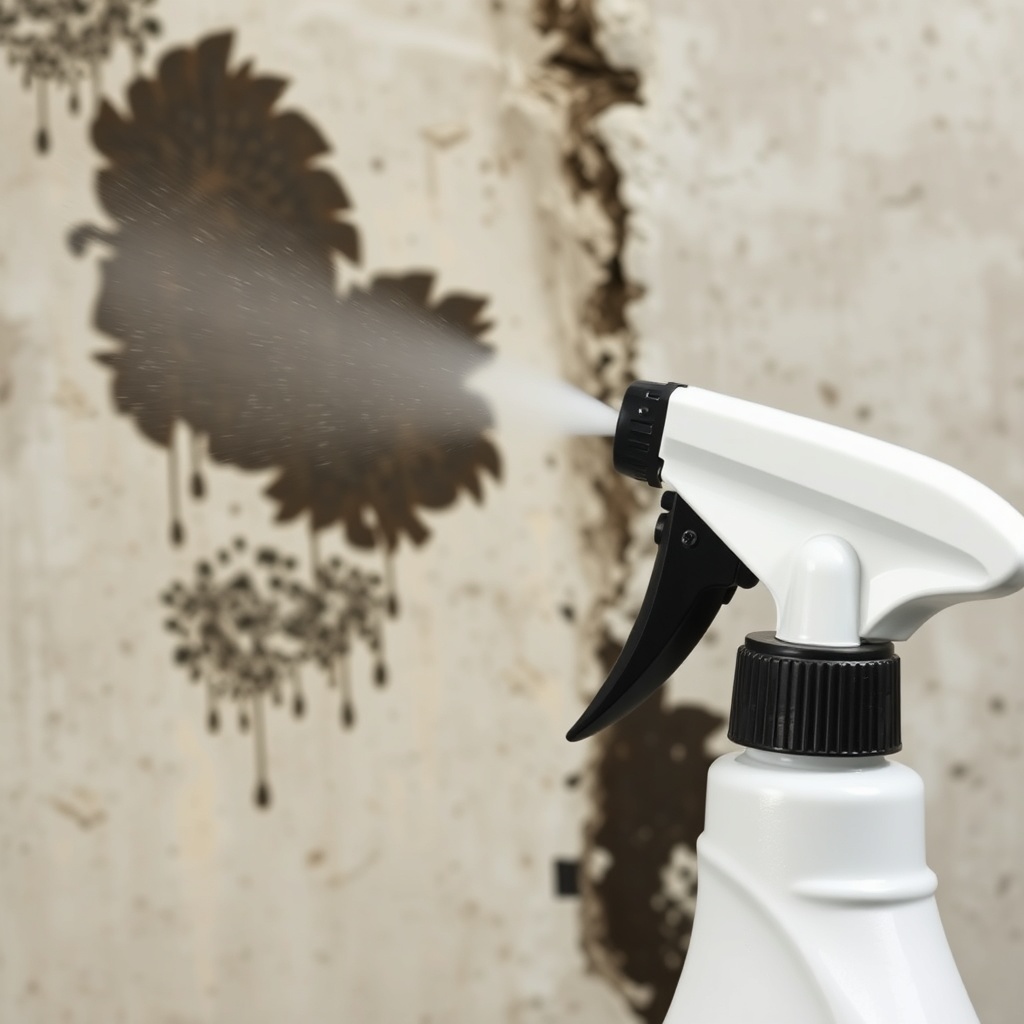 A photorealistic close-up of a spray bottle nozzle spraying a fine mist of Concrobium onto