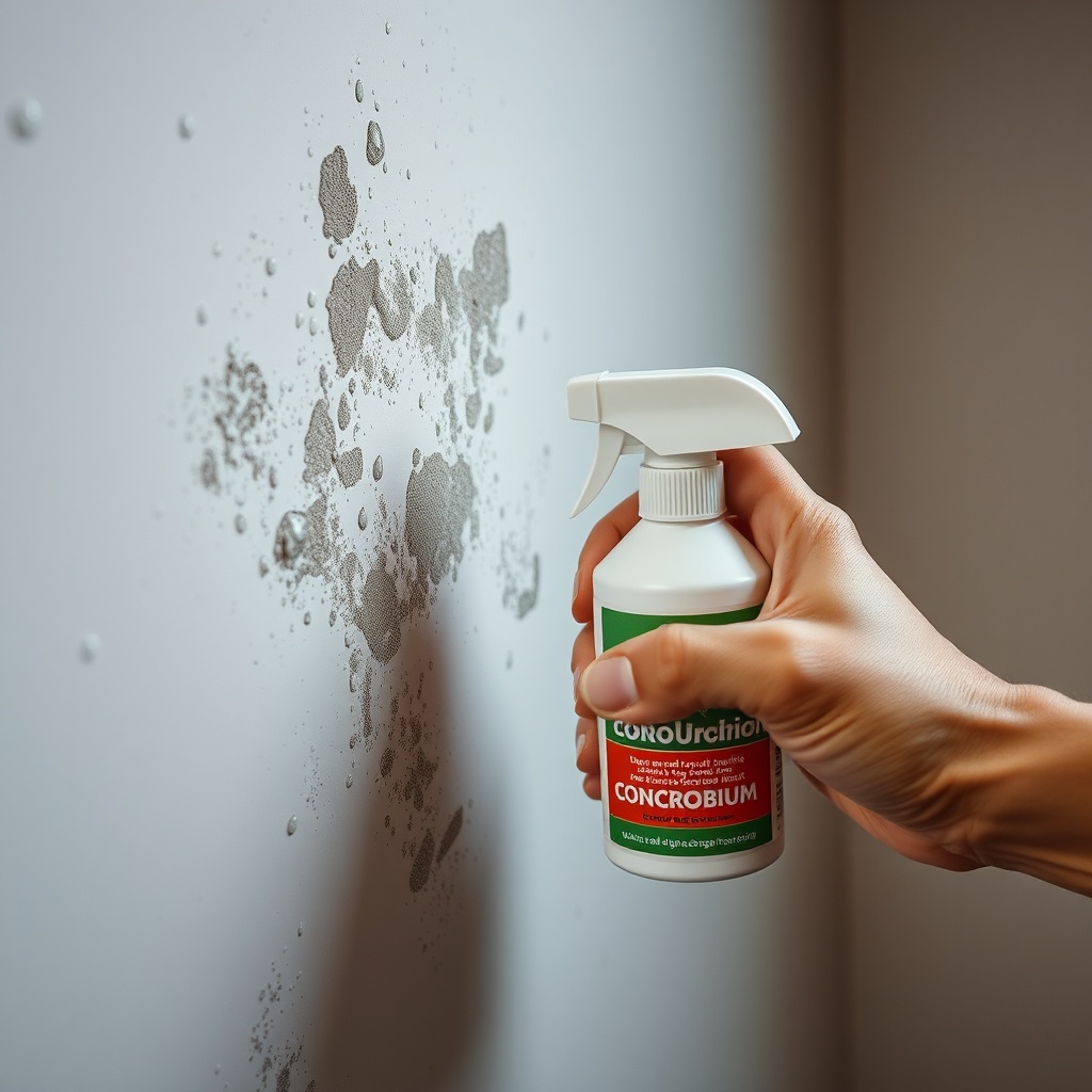 <photorealistic photo macro shot of a hand spraying Concrobium on moldy drywall