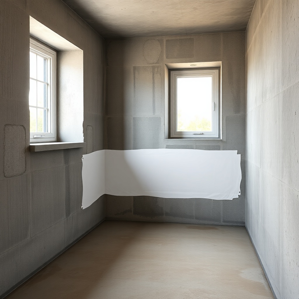 <photorealistic interior of a damp basement corner after Concrobium treatment