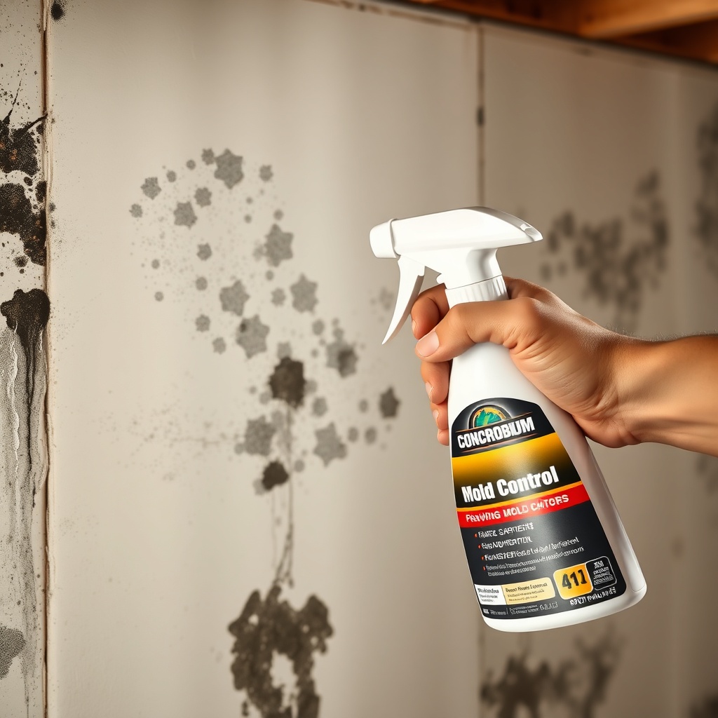 A clean photorealistic image of a hand spraying Concrobium Mold Control onto a section of