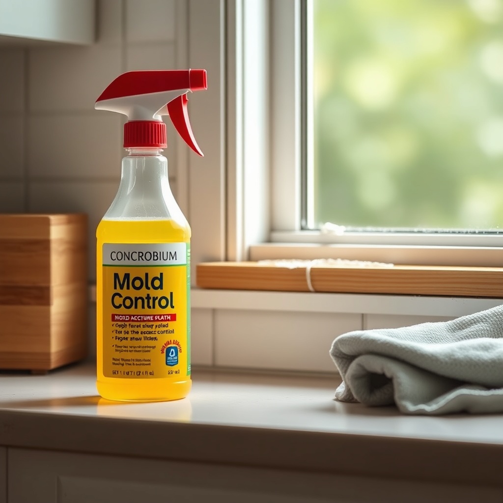A clean photorealistic image of a spray bottle of Concrobium Mold Control on a kitchen cou