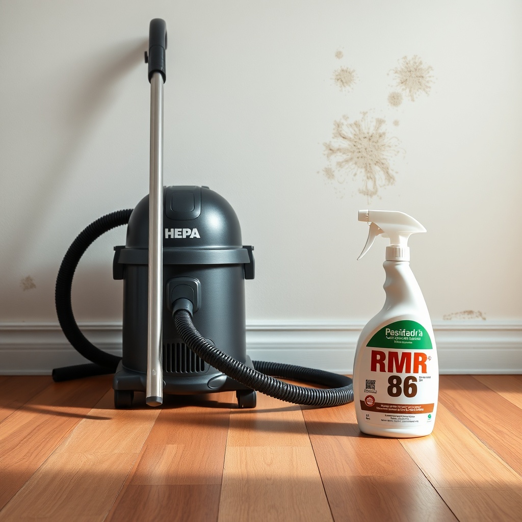 A clean photorealistic photo of a HEPA vacuum placed next to a spray bottle of RMR-86 on a