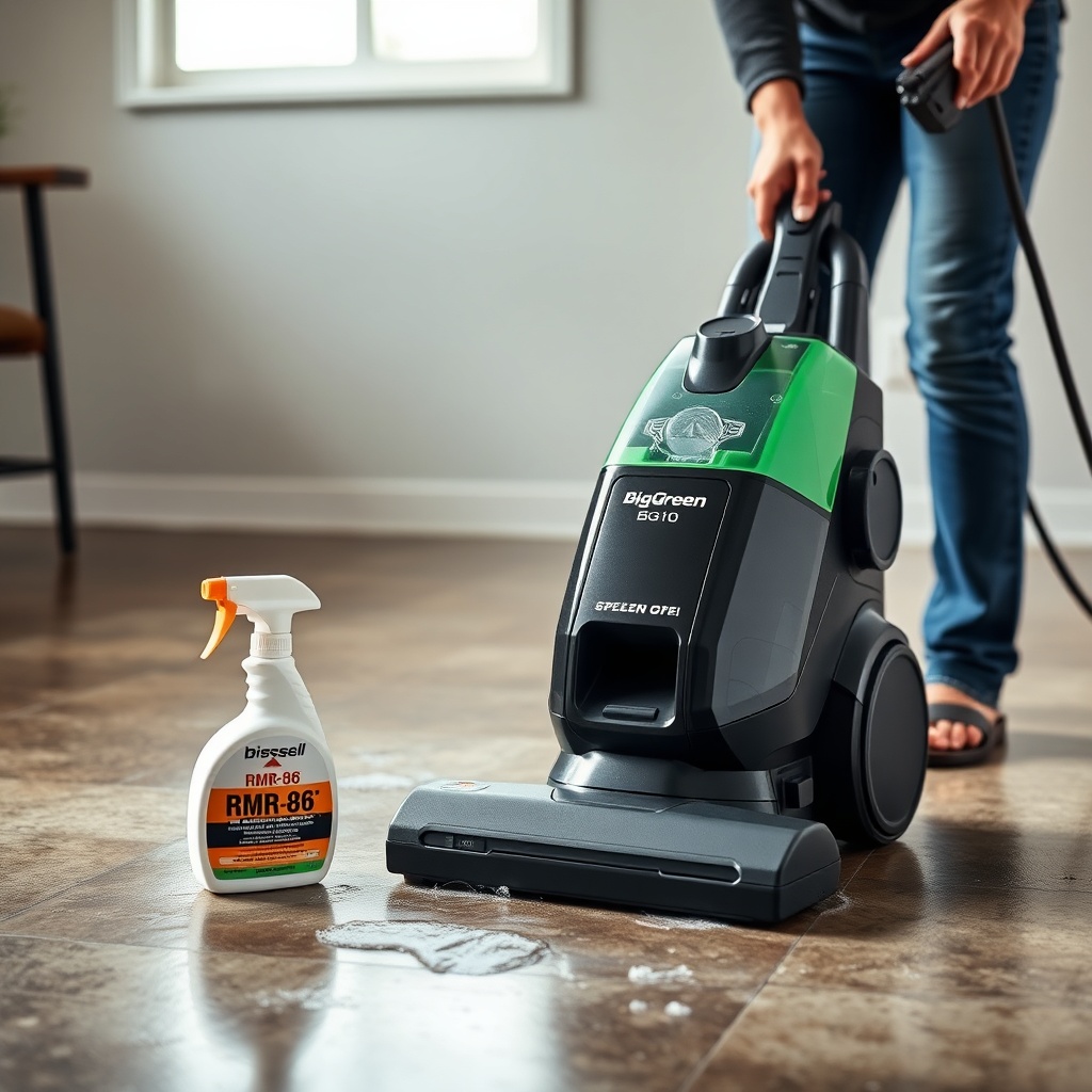 A photorealistic photo showing a person using a Bissell BigGreen BG10 HEPA vacuum to clean
