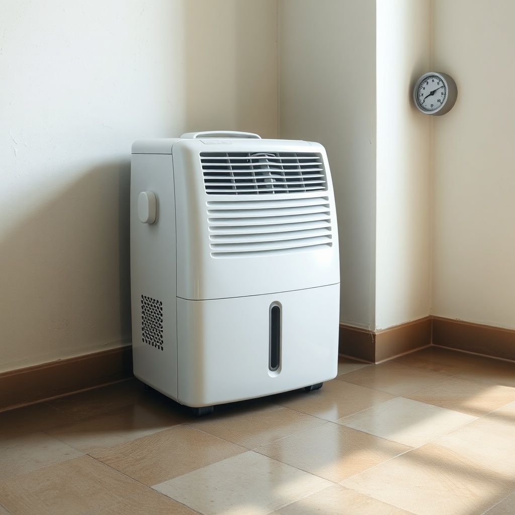 <A clean photorealistic photo of a medium-sized dehumidifier placed in a damp basement cor