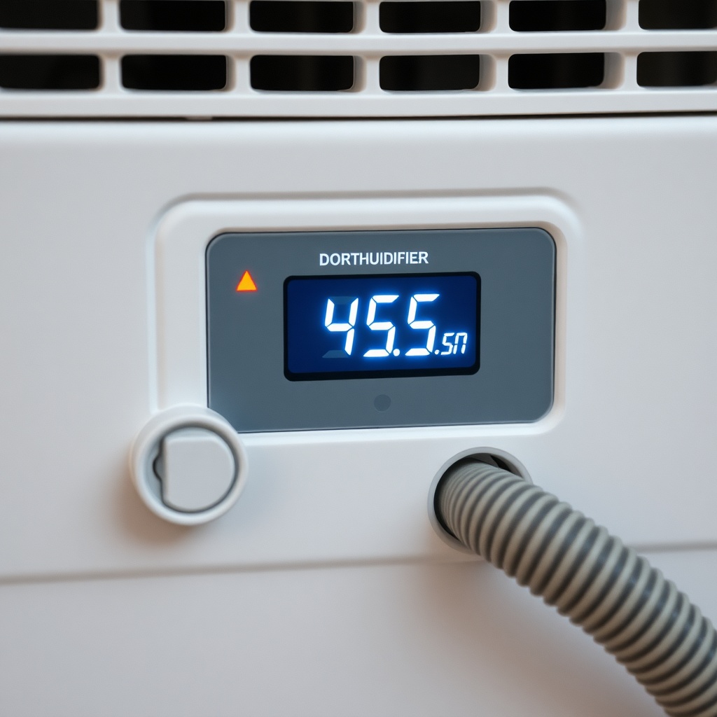 <A photorealistic close-up of a dehumidifier control panel showing digital humidity readou