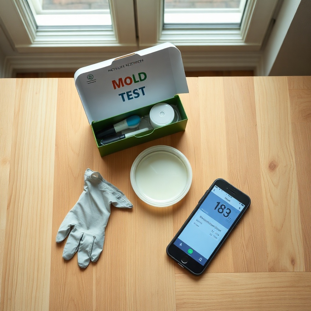 <A photorealistic overhead view of a wooden kitchen table with an open mold test kit