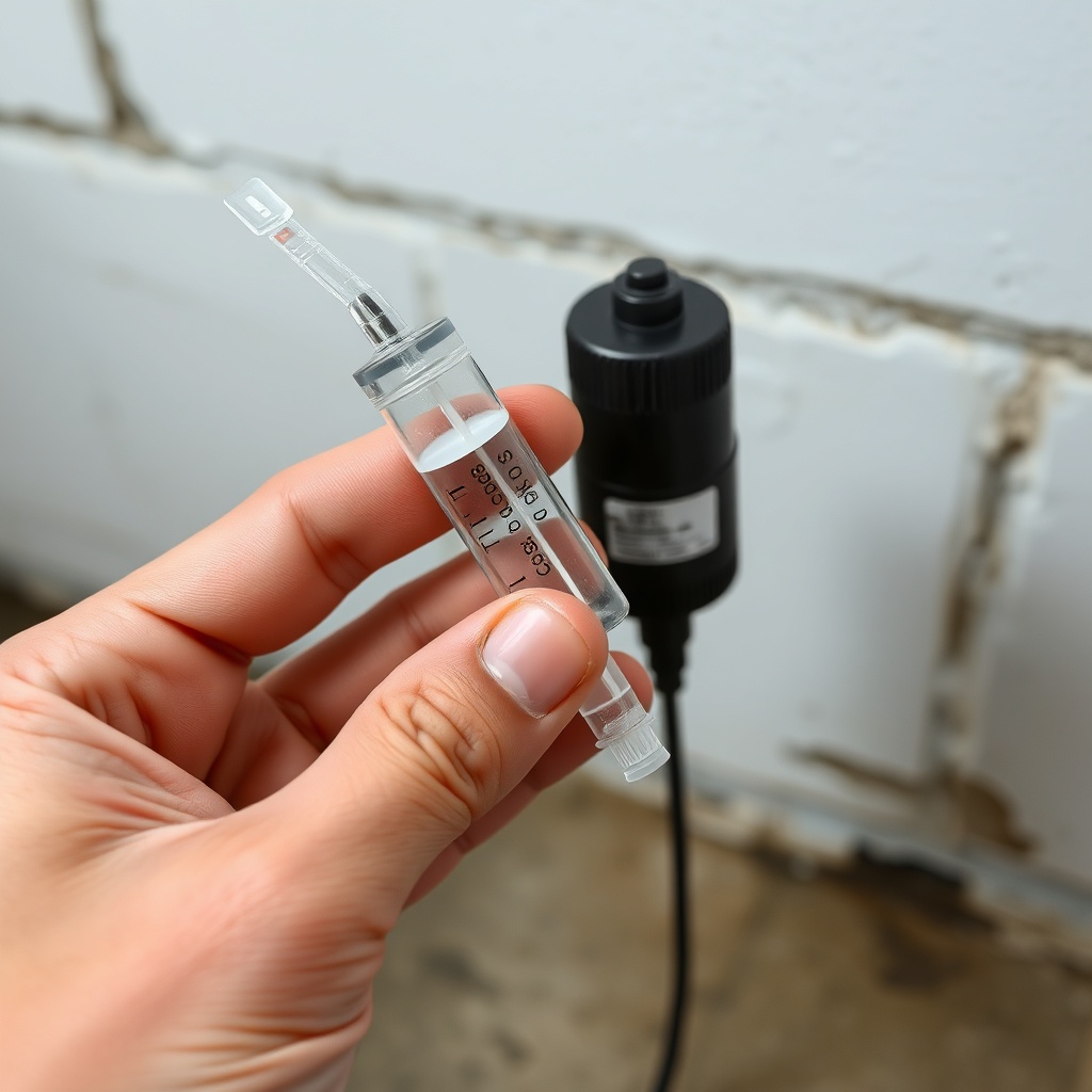 <A photorealistic close-up of a person's hand holding a clear air sampling cassette attach