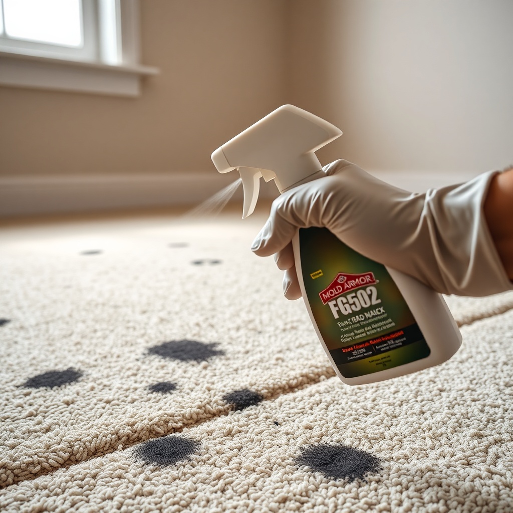 Photorealistic close-up of a spray bottle of Mold Armor FG502 being applied to a section o