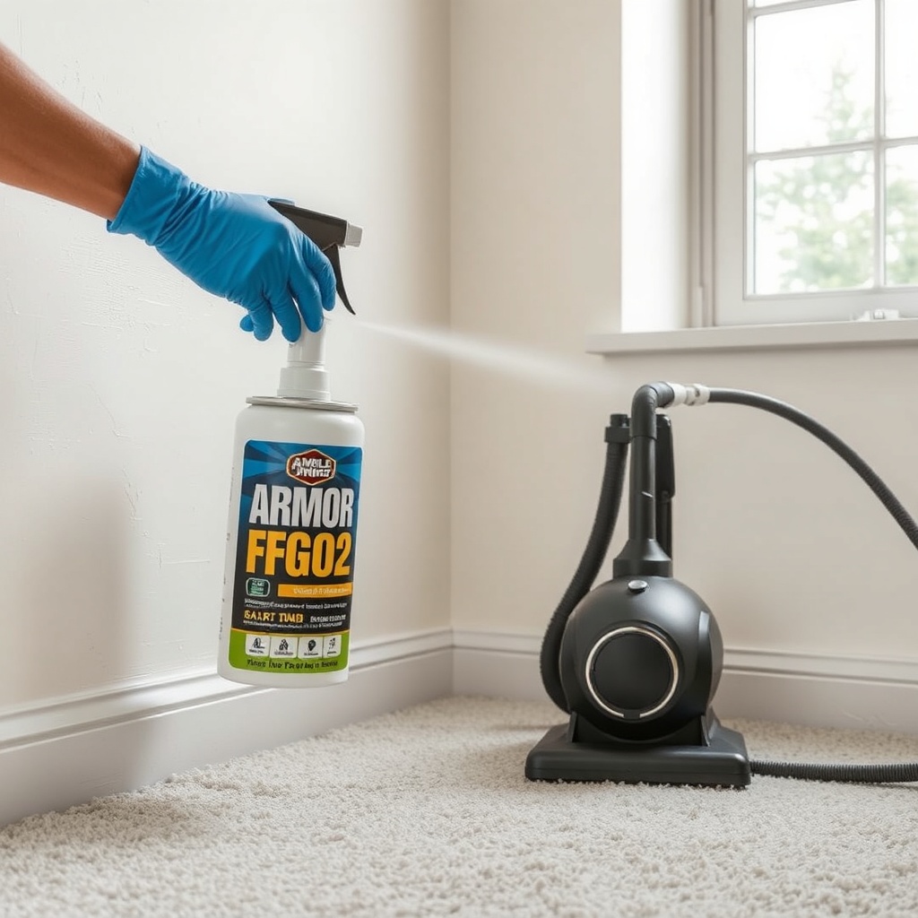 Photorealistic shot of a person in blue gloves spraying Mold Armor FG502 onto a carpet cor