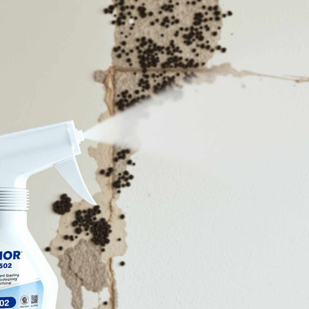 A photorealistic close-up of a white spray bottle with a blue label labeled "Mold Armor FG