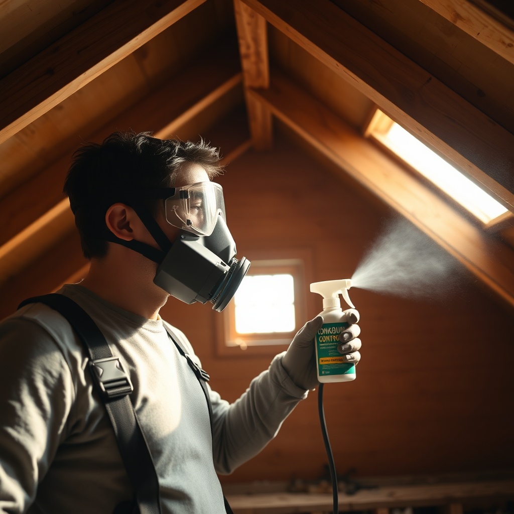 A clean photorealistic photo of a person in an attic wearing a respirator and goggles