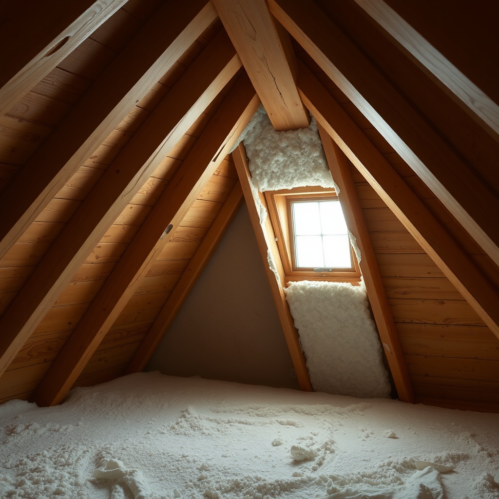 A clean photorealistic photo of a finished attic corner with clean wooden rafters