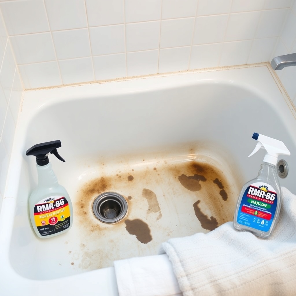 A clean photorealistic photo of an acrylic bathtub with visible dark mold stains around th