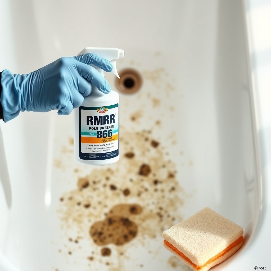 A clean photorealistic photo showing a person wearing gloves spraying RMR-86 from a bottle