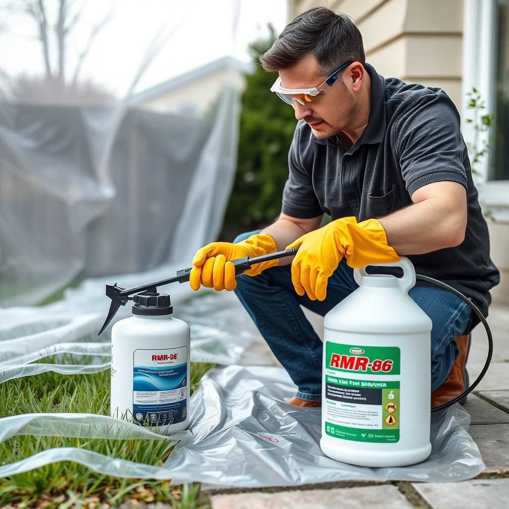 A clean photorealistic photo of a homeowner wearing rubber gloves and goggles
