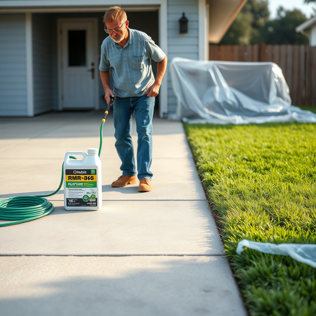 A clean photorealistic photo of a homeowner spraying RMR-86 on a concrete driveway with gr