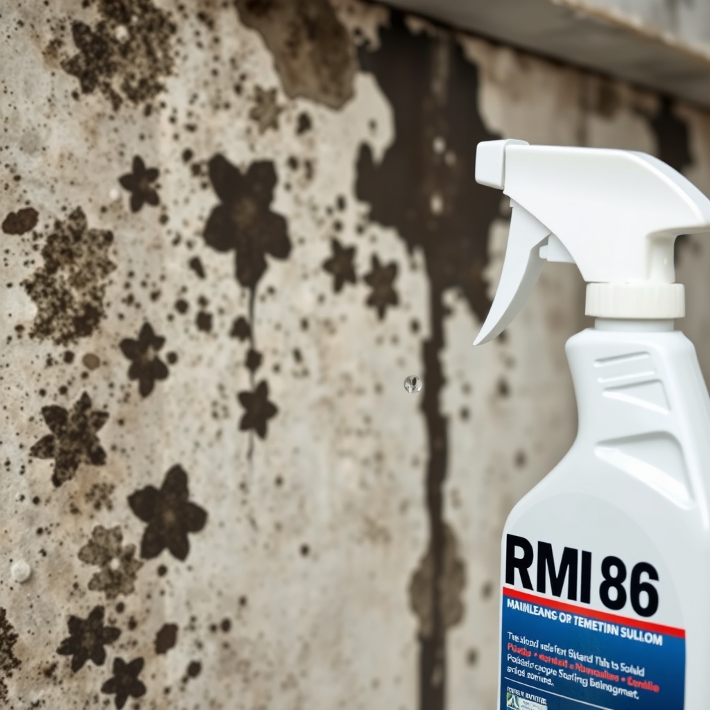 A close-up photorealistic photo of a concrete basement wall with black mold stains