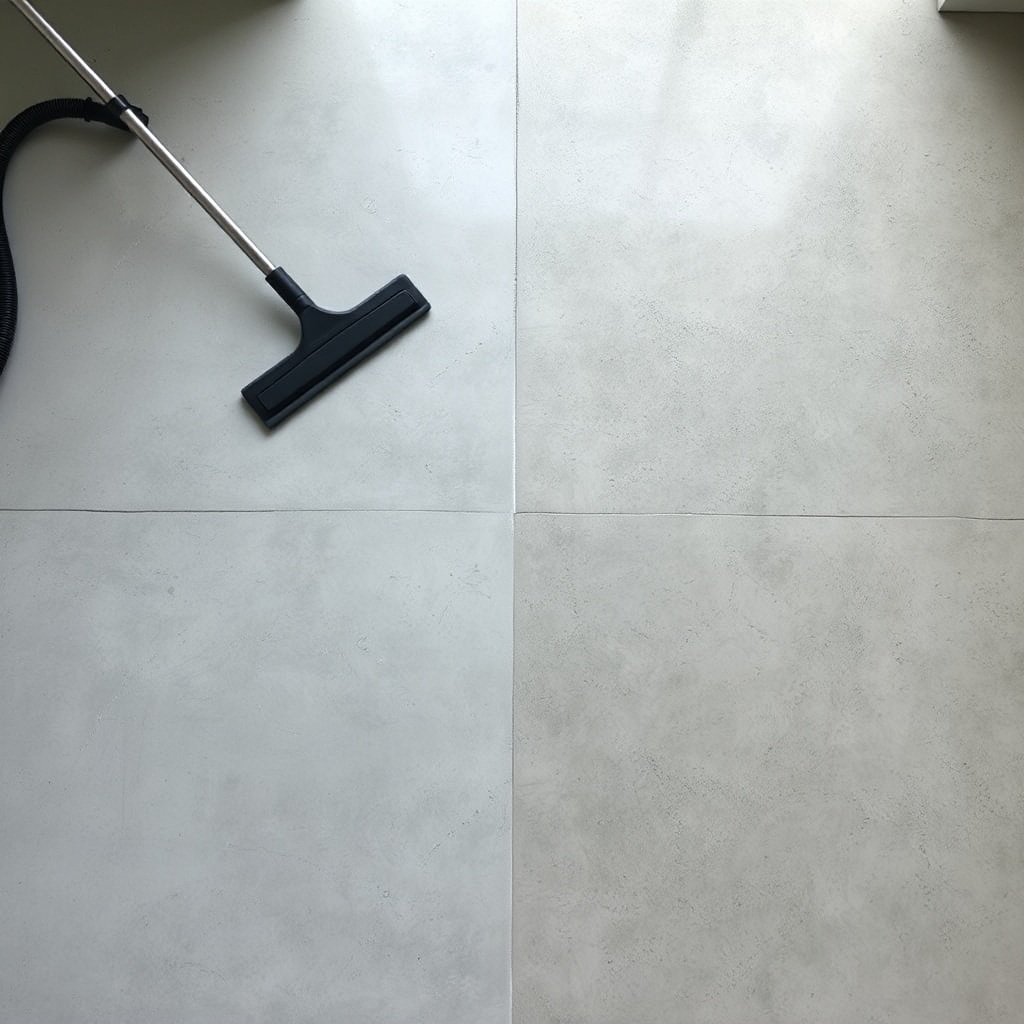 A photorealistic overhead shot of a concrete floor after RMR-86 treatment and rinsing