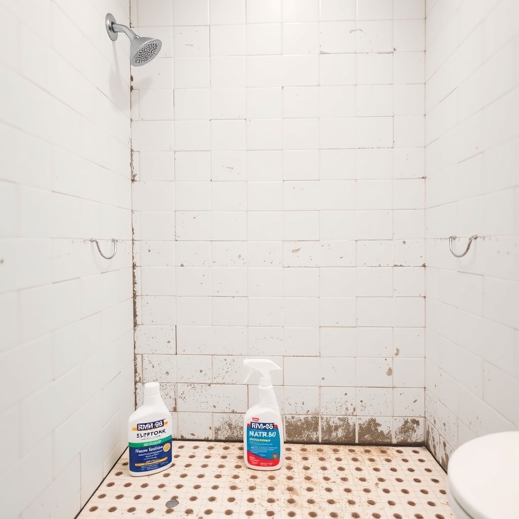 A clean photorealistic photo of a white bathroom shower with dark grout before treatment