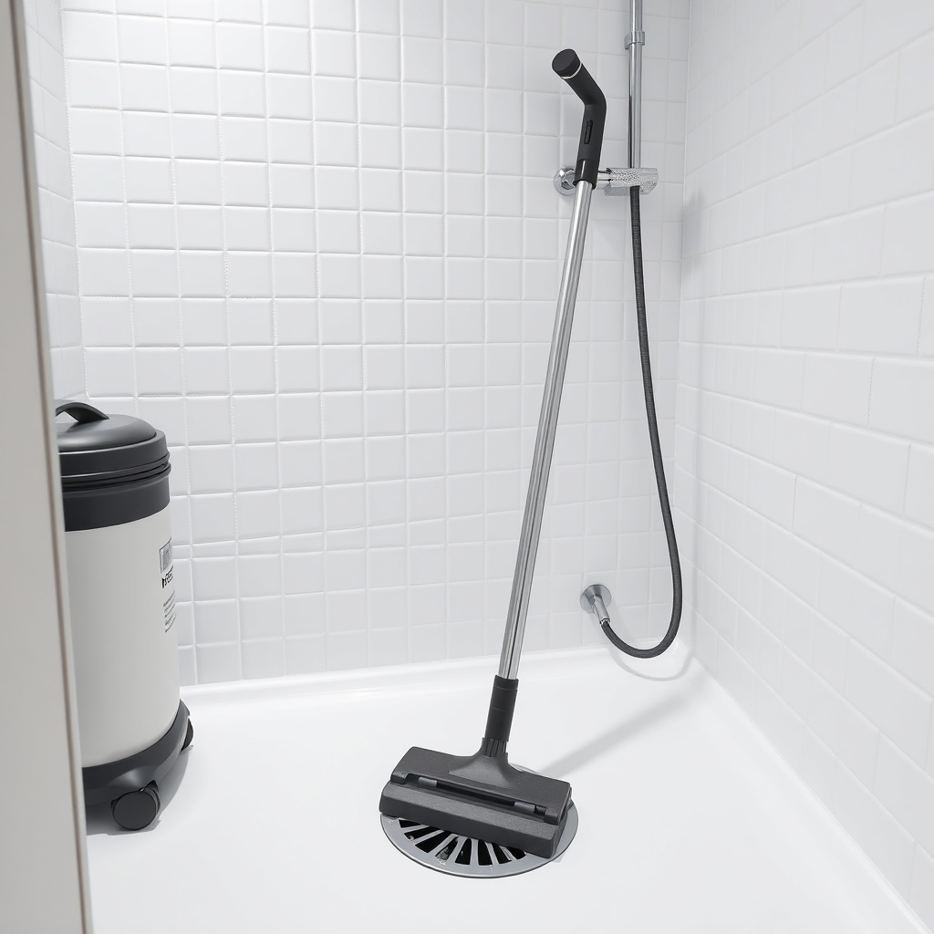 A clean photorealistic photo of a white bathroom shower with bright