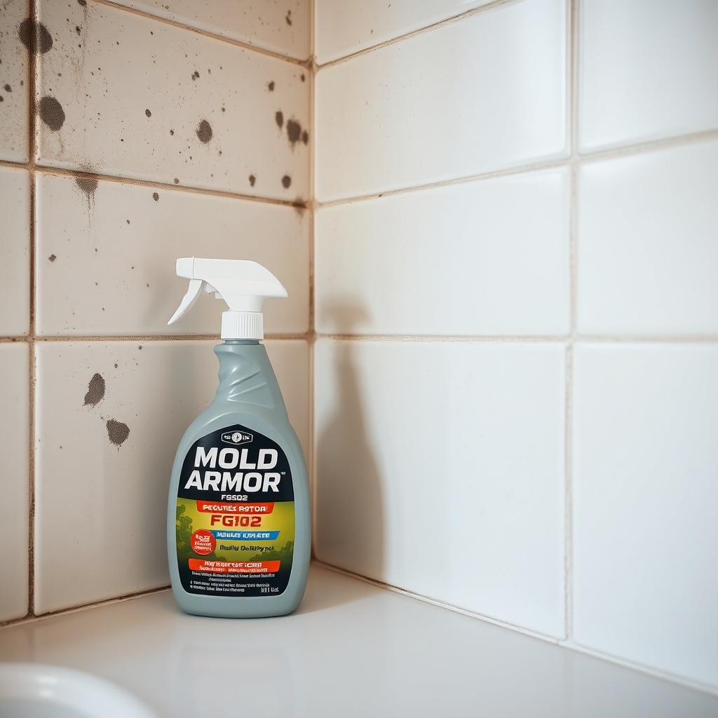 A close‑up photorealistic shot of a bathroom tile wall with dark mold spots on the grout