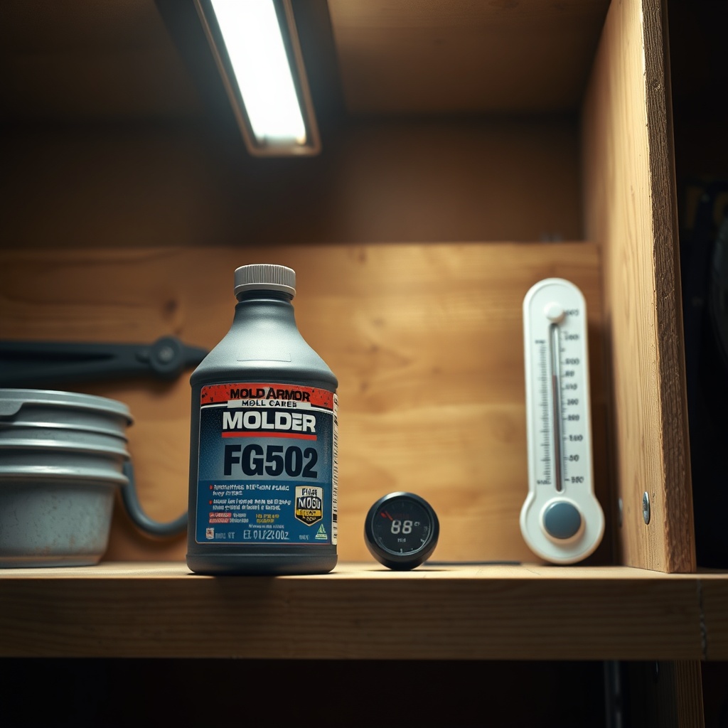 A photorealistic overhead view of a Mold Armor FG502 bottle on a wooden shelf in a dimly l