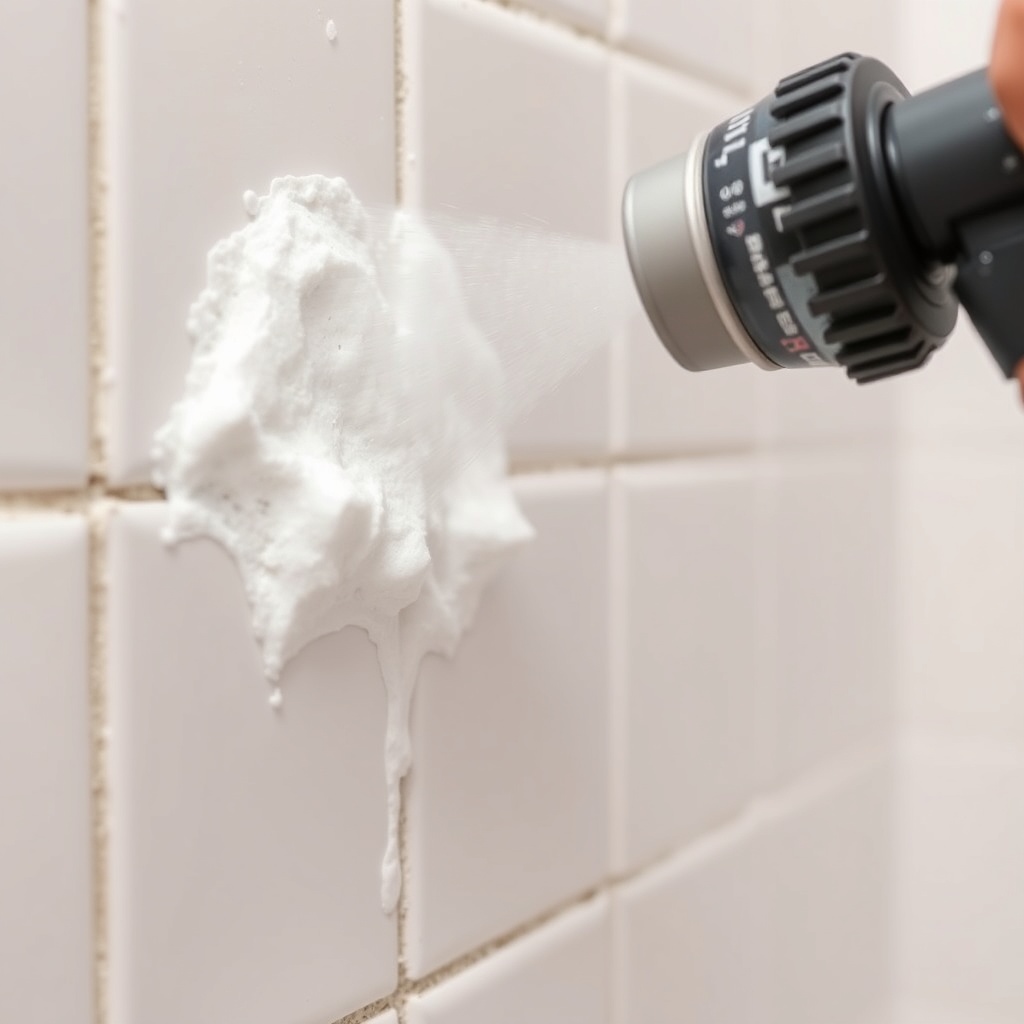 Close-up of a foam-covered bathroom grout line with mold being sprayed from a pressurized