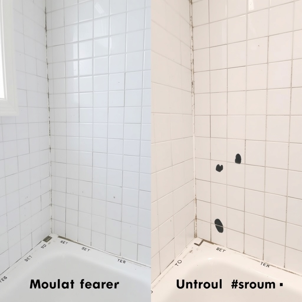 A side-by-side comparison view of mold-free grout after FG502 foam application versus untr