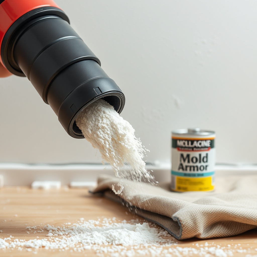 A photorealistic closeup of a HEPA vacuum nozzle picking up white powdery residue from a d