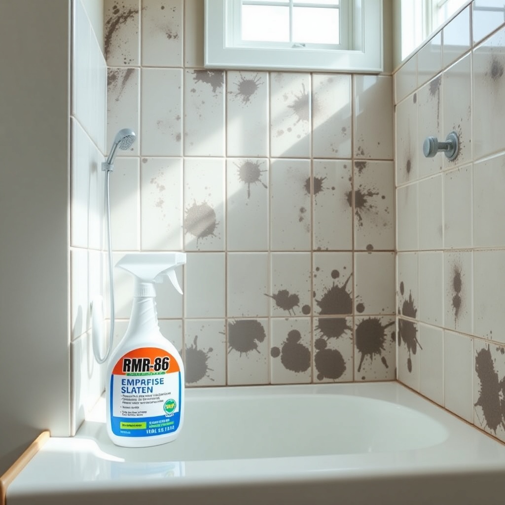 A photorealistic bathroom showing a spray bottle of RMR-86 positioned near a tiled shower