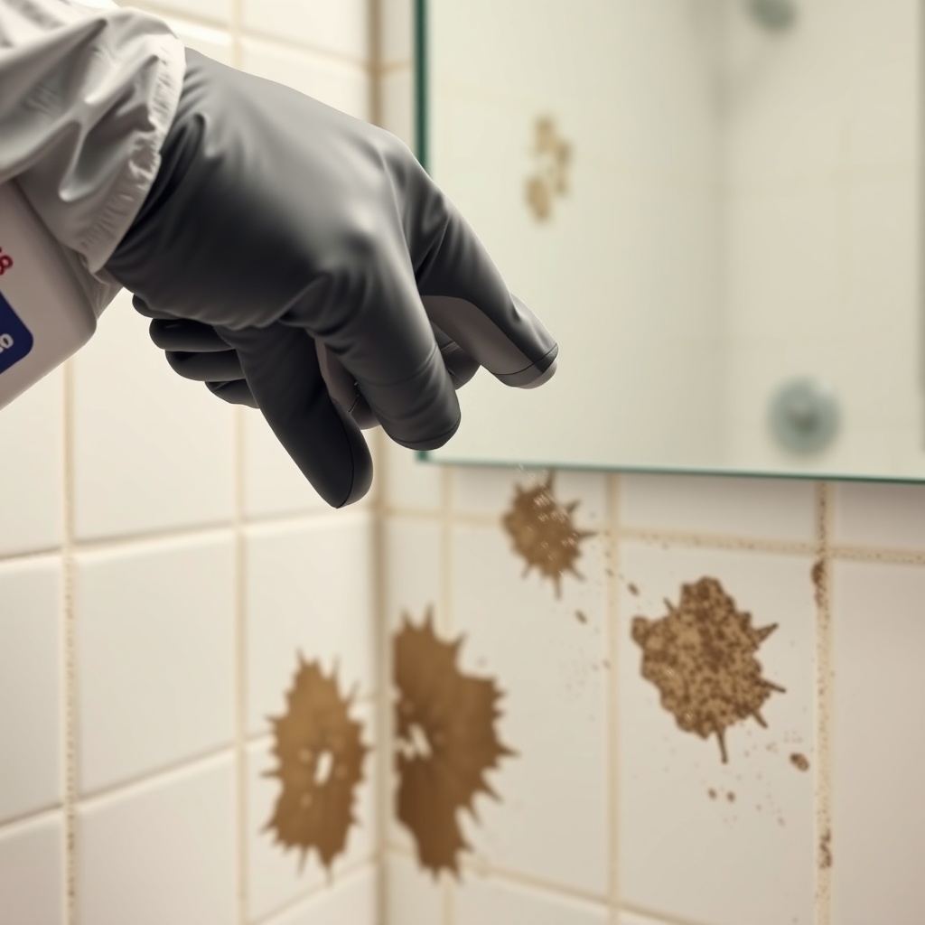 A photorealistic close-up of a gloved hand spraying RMR-86 onto dark mold stains on white