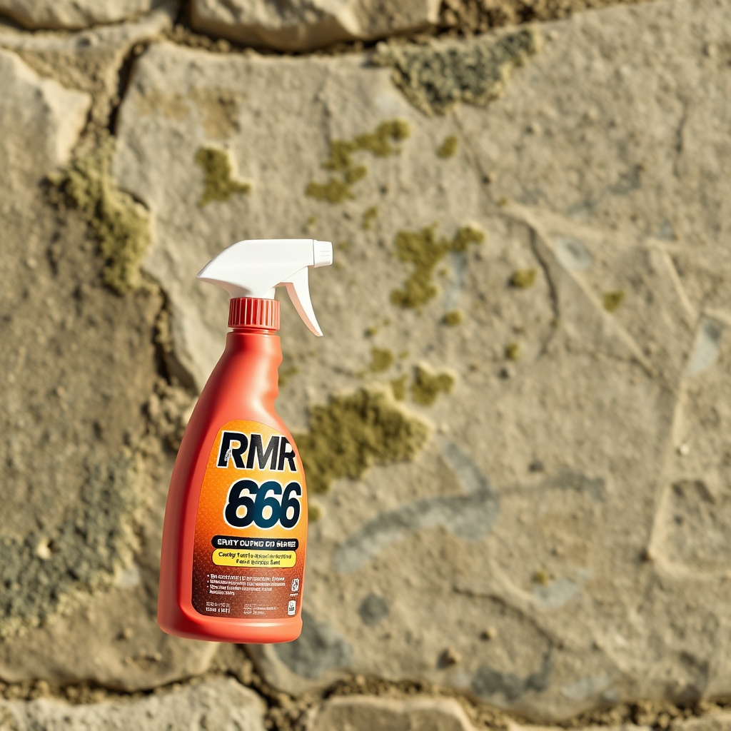 A clean photorealistic photo showing a spray bottle of RMR-86 aimed at moldy limestone sto