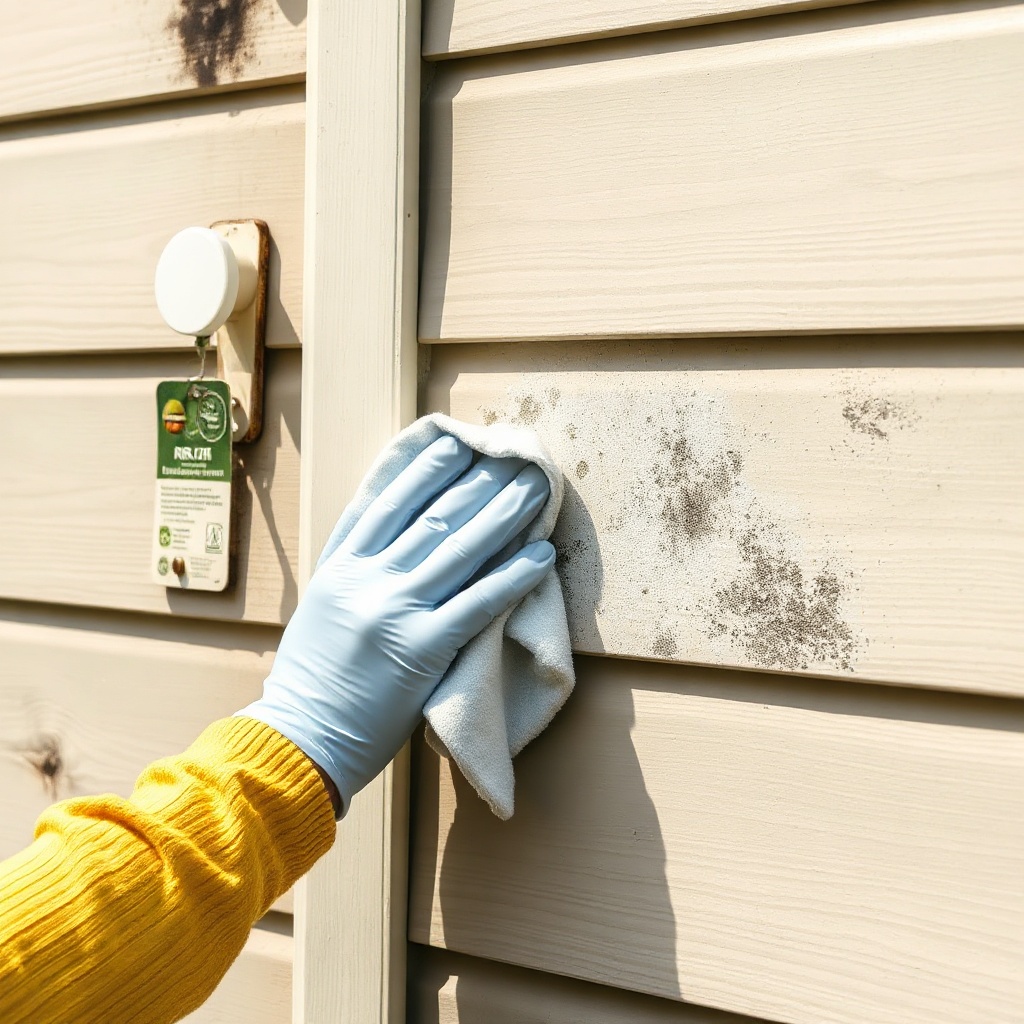 <A clean photorealistic photo of a homeowner using a soft cloth to wipe a section of vinyl