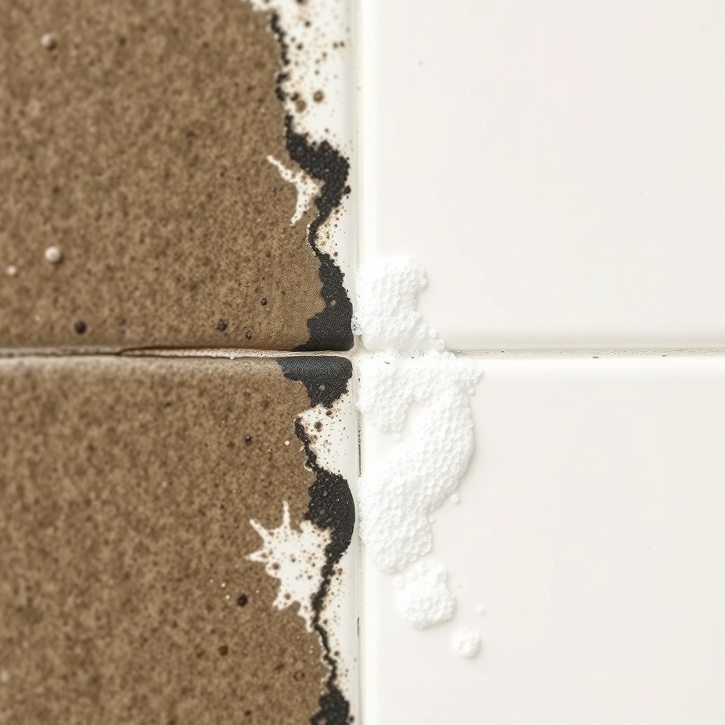 A macro close-up of a white bathroom grout line half-treated with RMR-86