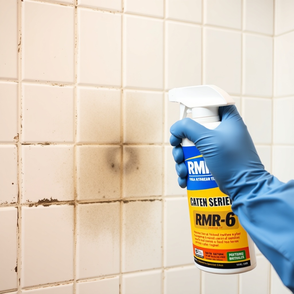 A photorealistic photo of a gloved hand spraying RMR-86 onto a moldy bathroom grout tile