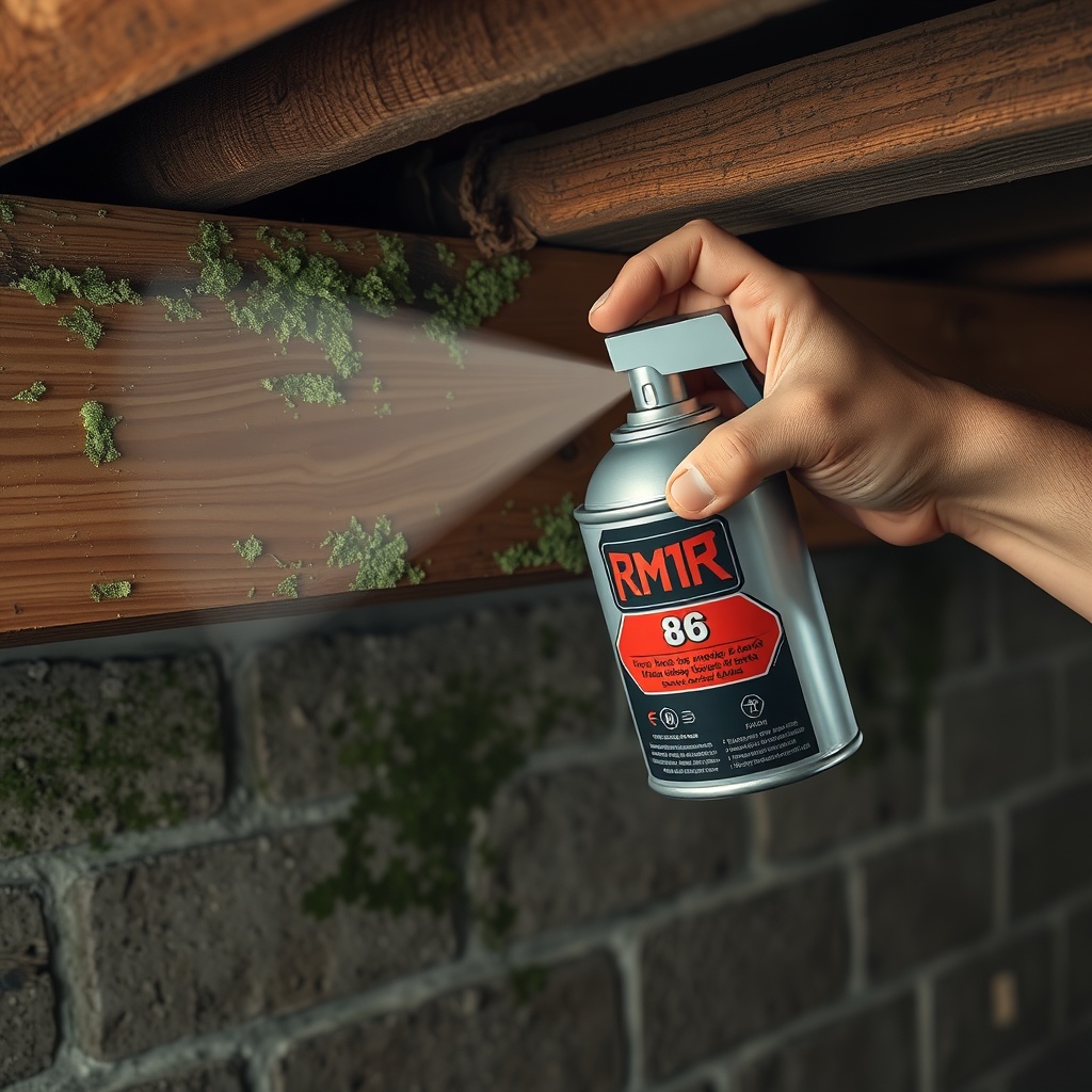 <clean photorealistic photo/illustration of a hand spraying RMR-86 on a mouldy wooden beam