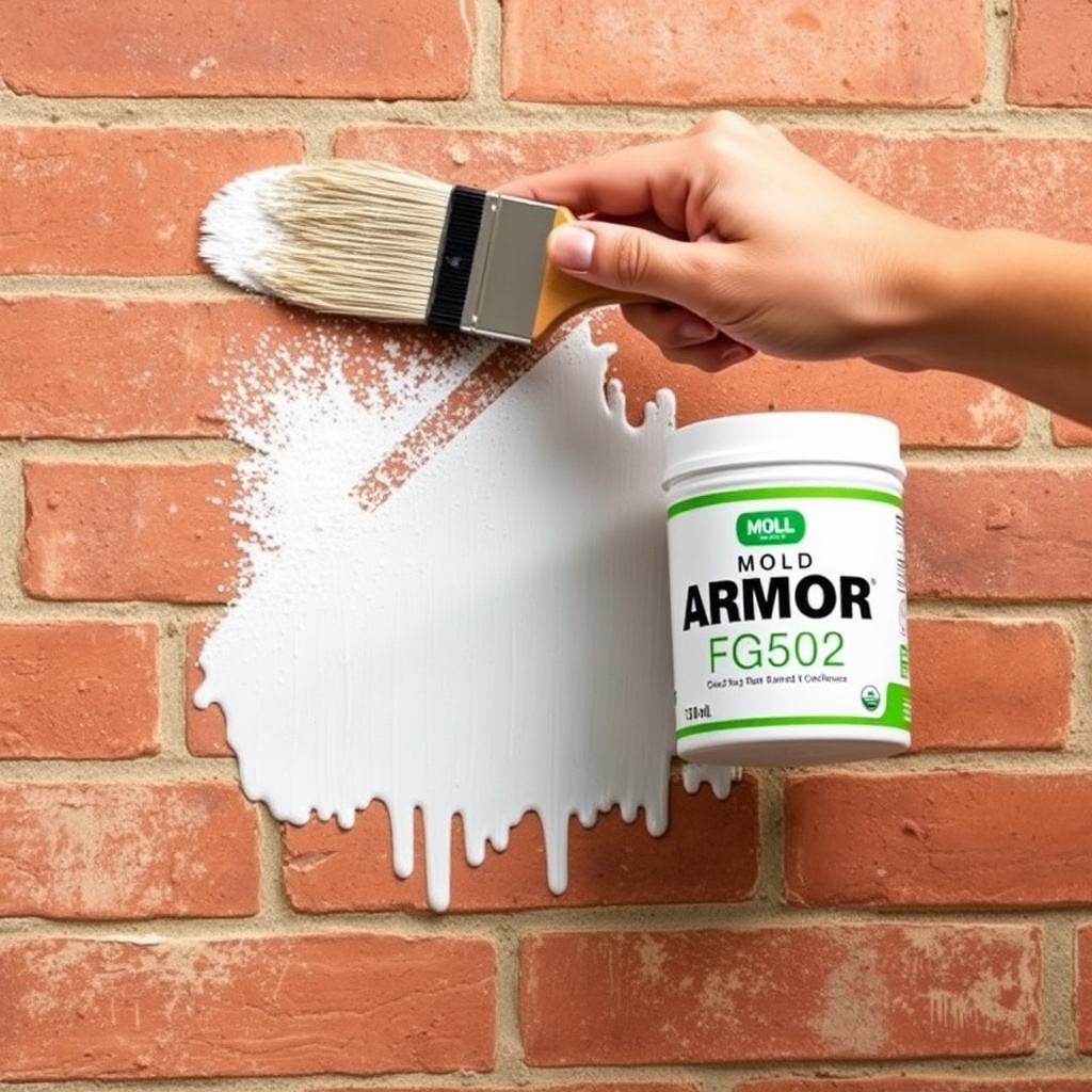 <clean photorealistic photo/illustration of a person applying Mold Armor FG502 with a brus