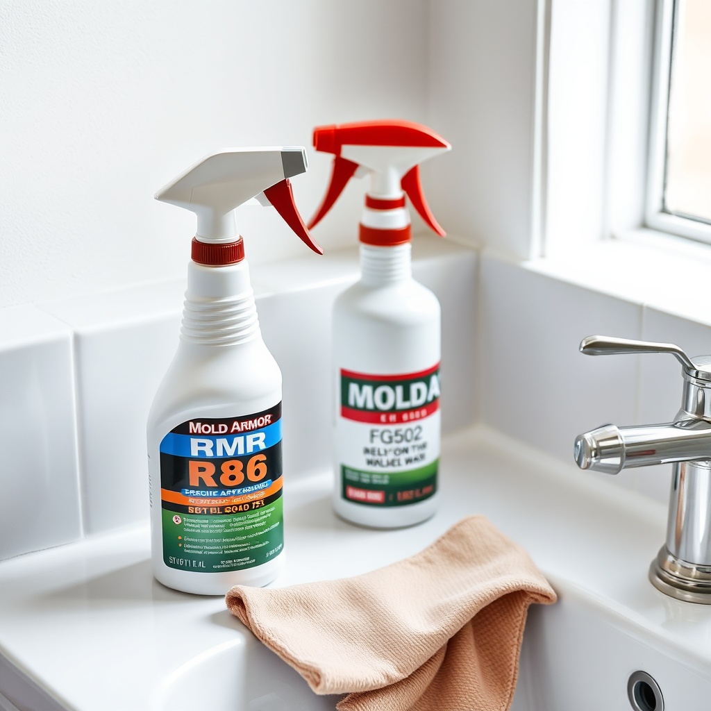 <clean photorealistic photo showing two spray bottles—one labeled RMR-86 and one labeled M