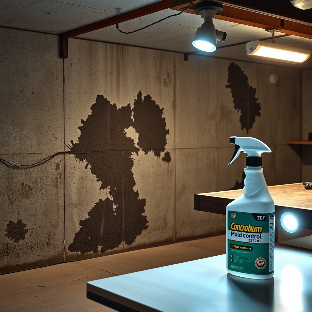 A photorealistic photo of a damp concrete basement wall with visible black mold patches
