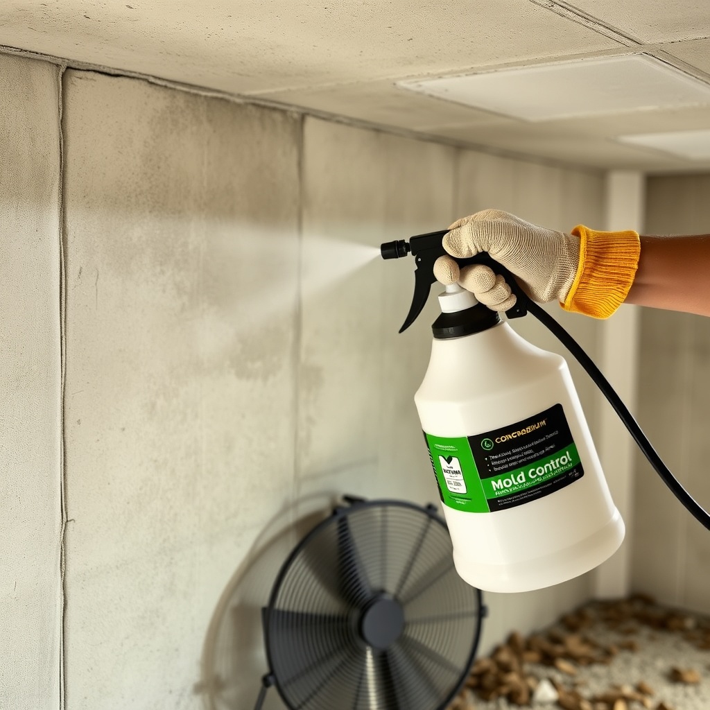 A photorealistic photo of a homeowner spraying Concrobium Mold Control from a pump sprayer