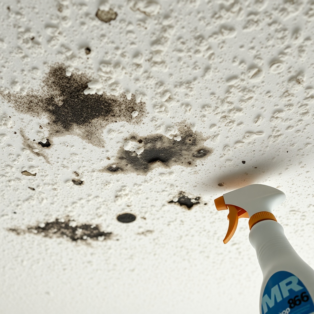 Close-up of a popcorn ceiling with visible dark mold stains