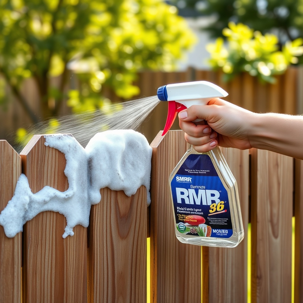 A photorealistic photo of a wooden fence with a spray bottle of RMR-86 in use